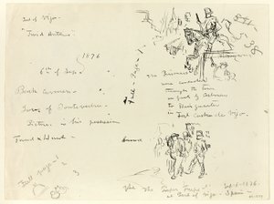 Feuille de croquis : Soldat à cheval et soldat au sabre condamnant un prisonnier (recto) ; feuille de croquis (verso)