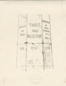 Tixall - Pilier de pierre indiquant les distances : dessin à la plume et à l