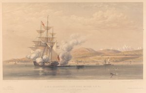 H.M.S. Highflyer Capitaine John Moore C.B. &c. au mouillage au large de Soukoum Kaleh-Abasia, Omar Pacha quittant le navire, octobre 1855