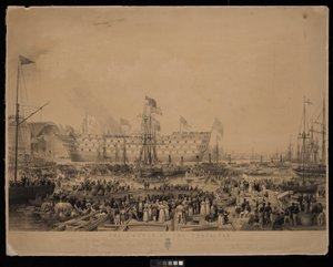 Le lancement du Trafalgar, en présence de Sa Très Gracieuse Majesté la Reine Victoria et de Son Altesse Royale le Prince Albert, au chantier naval de Woolwich - Thomas Picken