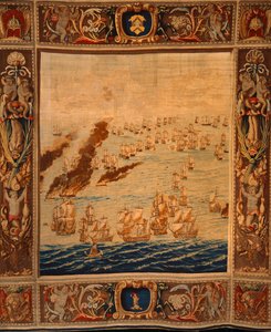 Tapisserie de Mortlake : Navires en feu en action, vers 1685 - Thomas Poyntz