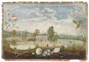 La serre à Woodside House, Old Windsor, dans un cartouche décoré de fleurs