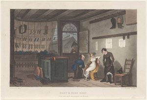 Boutique de bottes et chaussures, des Esquisses poétiques de Scarborough, 1813. Créateurs : Thomas Rowlandson, Joseph Constantine Stadler, J. Bluck - Thomas Rowlandson, Joseph Constantine Stadler, J. Bluck