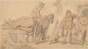 Un cheval mort sur une charrette de boucher