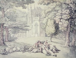 Un collège vert avec un groupe de demoiselles et de jeunes hommes au premier plan - Thomas Rowlandson