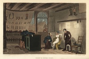 Boutique de bottes et chaussures : clientes essayant des chaussures et bottes chez un cordonnier de Leatherhead - Thomas Rowlandson