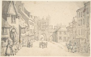 Vue de la ville avec une porte médiévale (peut-être York)