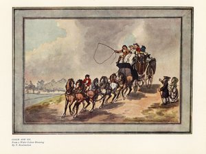 Coche et six chevaux avec passagers et bagages sur le toit