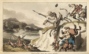 La Mort avec sa fléchette sur un cheval squelettique chevauche une falaise tandis qu