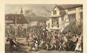 Gentleman anglais porté en chaise à porteurs pour une élection