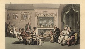 Gentleman anglais, femme et enfants se relaxant dans le salon