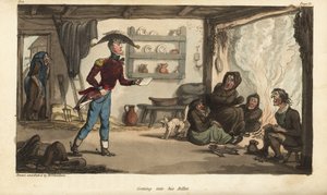 Enseigne Johnny Newcome arrivant à son billet de subalterne au Portugal, un taudis avec des mendiants sales. Gravure à l