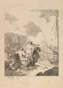 Pêcheurs au bord de la mer - Scène côtière avec un homme assis sur des rochers et fumant une pipe, Nex, 1786
