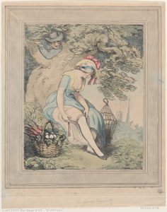 Fille avec un panier et une cage à oiseaux ajustant sa jarretière, 1785-95 - Thomas Rowlandson