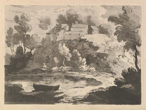 Paysage fluvial vallonné, un bateau dans l
