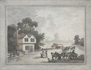 Chevaux et charrettes sur une route de campagne