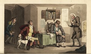 Johnny au service de Jacob Levi, le prêteur sur gages. Gravure à la main en cuivre par Thomas Rowlandson tirée de The History of Johnny Quae Genus de William Combe, le petit trouvé du défunt Dr Syntax