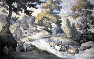 Paysage avec bétail traversant un ruisseau