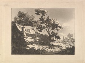 Paysage avec une chaumière parmi les arbres à gauche, et une flèche d