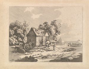 Paysage avec des figures stockant du foin dans une grange, une charrette et un cheval allongé à gauche, 1783-84
