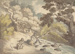 Paysage avec ruisseau tumultueux et un couple sur la rive, effrayé par un serpent - Thomas Rowlandson