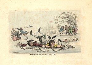 Hommes et femmes patinant sur de la glace mince et tombant dans une rivière glacée - Thomas Rowlandson