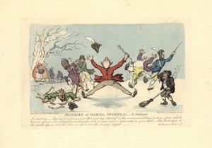 Hommes tombant en patins à glace, un autre tombant à travers la glace, etc.