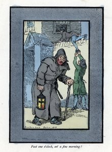 Veilleur de nuit avec sa lanterne et son bâton, inattentif à deux cambrioleurs entrant dans une maison derrière lui (1819). Gravure sur bois, d