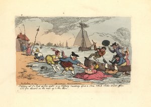 Passagers glissant et tombant dans la boue de la rivière