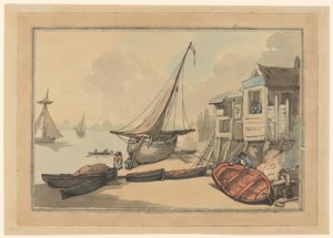 Des barques à rames et un voilier sur une rive - Thomas Rowlandson