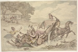 "Le Charretier et les Bohémiens" : Une charrette renversée dans un ruisseau, renversant un groupe de femmes dans l