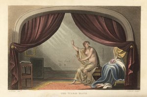 Le bain chaud : femme nue prenant un bain derrière des rideaux dans une chambre Regency