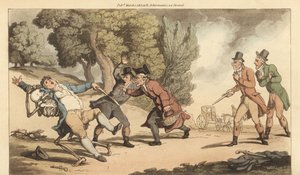 Le squelette de la Mort emporte un homme blessé avant que le médecin ne puisse le soigner après un duel fatal au pistolet dans un parc - Thomas Rowlandson