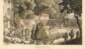 Le squelette de la Mort aide un propriétaire terrien à viser avec un mousquet des garçons braconnant dans son jardin essayant de fuir par-dessus un mur. Gravure à la main par Thomas Rowlandson de The English Dance of Death, Ackermann, Londres