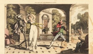 Le squelette de la Mort en cape danse une dernière valse avec la fragile Caelia, tandis que son professeur de danse regarde avec effroi. Gravure à la main en cuivre dessinée et gravée par Thomas Rowlandson de The English Dance of Death, Ackermann, Londres