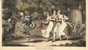Le squelette de la Mort en manteau et bonnet danse avec une lanterne devant un dandy en uniforme et deux beautés en robes de mousseline et châles. Gravure à la main par Thomas Rowlandson de « The English Dance of Death »