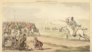 Le squelette de la Mort chevauche avec un homme vers le poteau de pari sur une piste de course, tandis que des enfants jouent à un jeu de loto. Gravure à la main en cuivre dessinée et gravée par Thomas Rowlandson de The English Dance of Death, Ackermann, L