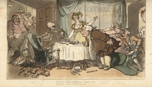 Le squelette de la Mort avec une flèche et un sablier vient pour le gourmand alors qu