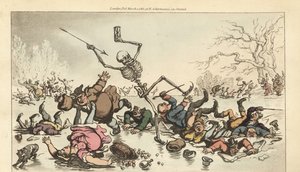 Le squelette de la Mort avec dard et sablier patinant sur un étang gelé tandis que d