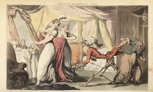 La mort avec son sablier vient chercher une belle coquette dans sa chambre alors qu
