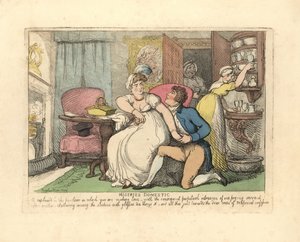 Deux amoureux dans un salon dérangés par des servantes curieuses