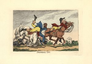 Deux hommes tombant de leurs chevaux après avoir fait les malins