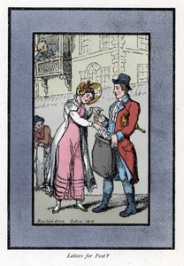 Femme payant et mettant une lettre dans un sac porté par un employé de la Royal Post Office britannique. Gravure sur bois, d