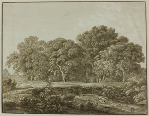 Paysage avec figure traversant un pont sur un ruisseau