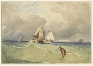Trois-mâts et tjalk naviguant en pleine mer - Thomas Sewell Robins