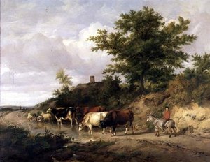 Paysage boisé avec un garçon sur un âne et du bétail à un gué