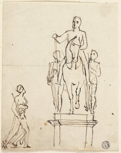 Sculpture de cavalier accompagné de deux figures debout, avec croquis de l