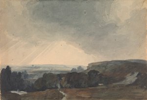 Scène de paysage depuis une colline, regardant dans une vallée ensoleillée