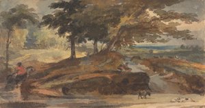 Paysage avec colline et arbres, figure à cheval