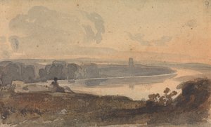 Paysage, avec rivière sinueuse, figure sur la colline au premier plan